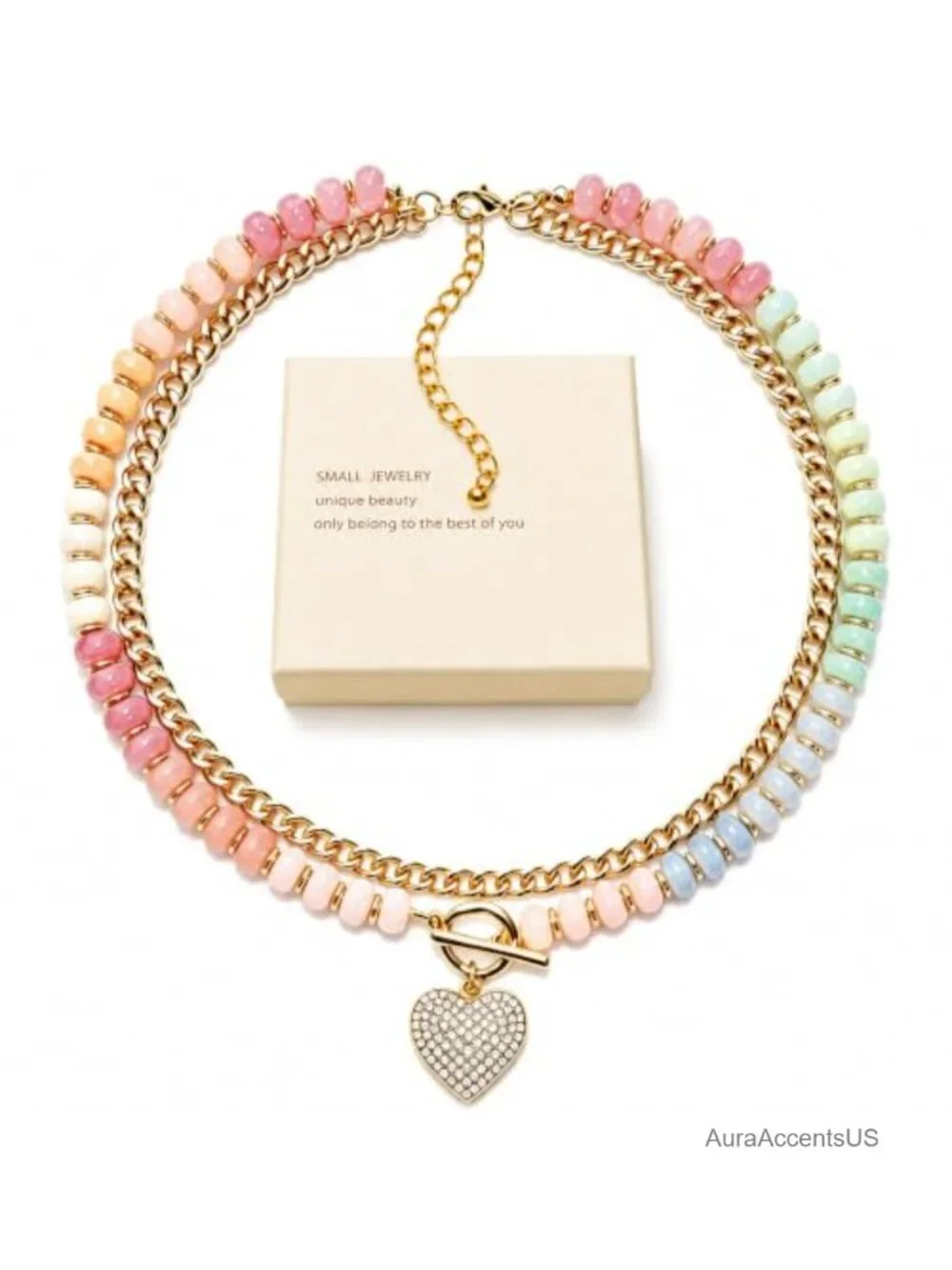 Two-Layer Beaded Necklace with Gold Plated Chain - Boho Choker for Women